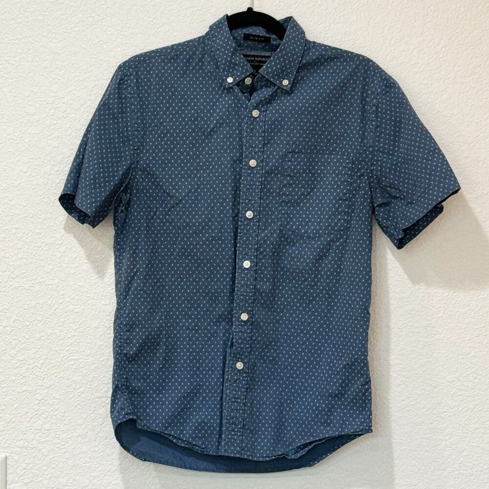 Banana Republic Slim Fit Stretch Soft-Wash Blue Button Down Short Sleeve Shirt